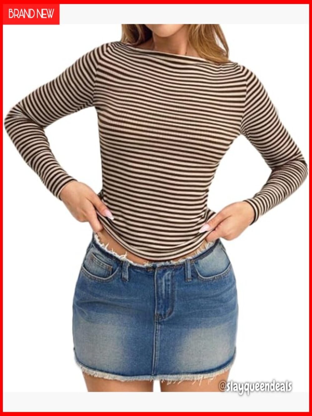 Slim Fit Long Sleeve Crop Top, Y2K Striped Print, Boat Neck, Polyester Blend